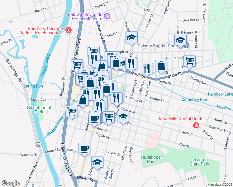 map of restaurants, bars, coffee shops, grocery stores, and more near 908 Diamond Park Square in Meadville
