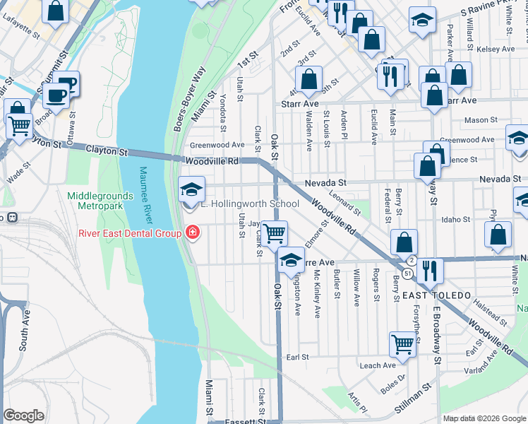 map of restaurants, bars, coffee shops, grocery stores, and more near 639 Clark Street in Toledo