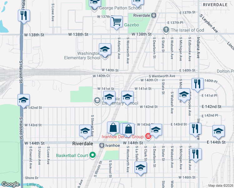 map of restaurants, bars, coffee shops, grocery stores, and more near 14110 South Highlawn Avenue in Riverdale