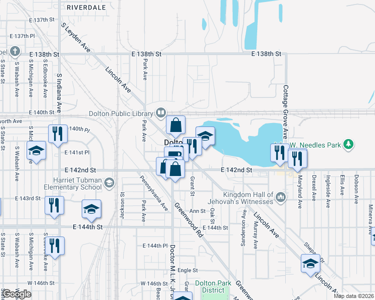 map of restaurants, bars, coffee shops, grocery stores, and more near 14119 Lincoln Avenue in Dolton