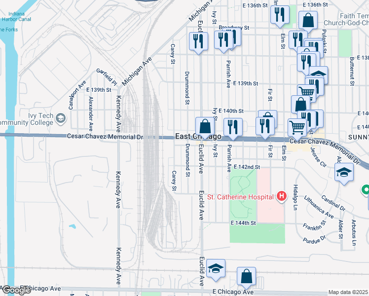 map of restaurants, bars, coffee shops, grocery stores, and more near 4112 Drummond Street in East Chicago