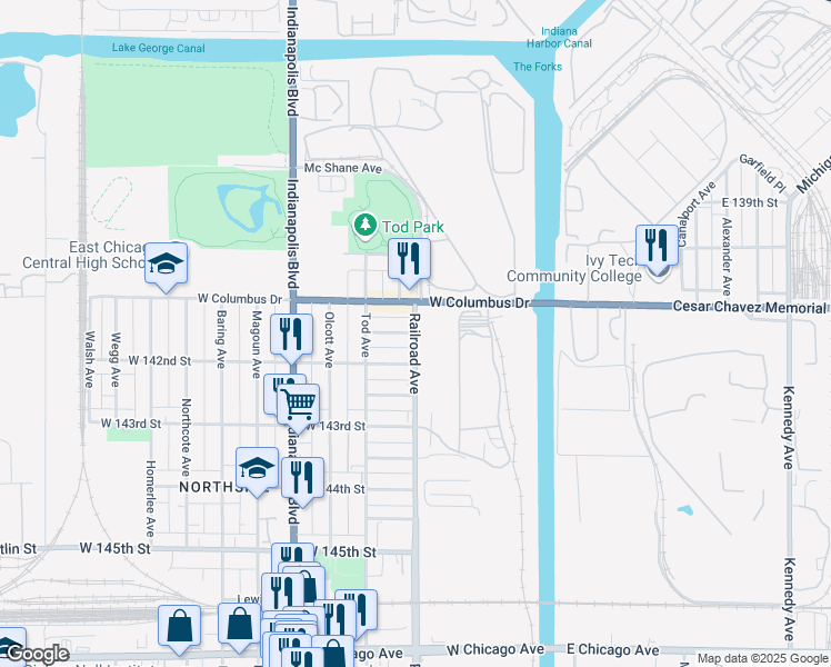 map of restaurants, bars, coffee shops, grocery stores, and more near 599 Penrhyn Pl in East Chicago