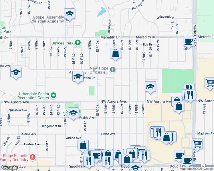 map of restaurants, bars, coffee shops, grocery stores, and more near 4237 69th Street in Urbandale