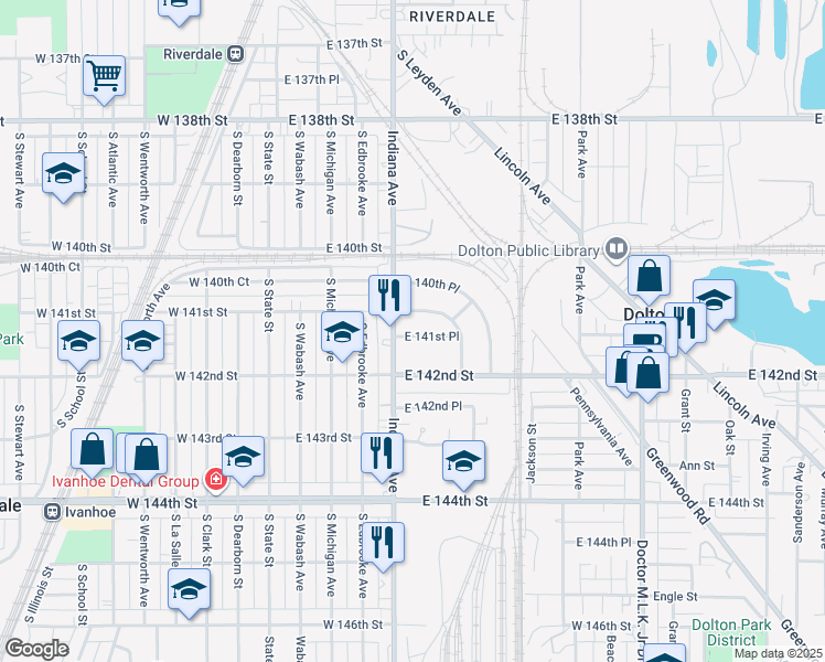 map of restaurants, bars, coffee shops, grocery stores, and more near 212 East 141st Place in Dolton