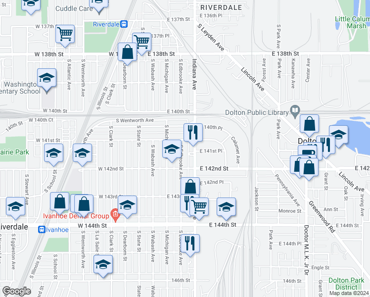 map of restaurants, bars, coffee shops, grocery stores, and more near 14107 South Edbrooke Avenue in Riverdale