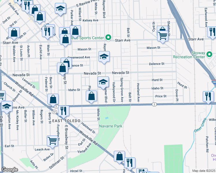 map of restaurants, bars, coffee shops, grocery stores, and more near 651 Raymer Blvd in Toledo