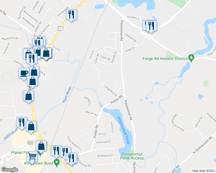 map of restaurants, bars, coffee shops, grocery stores, and more near 57 Longfellow Drive in East Greenwich
