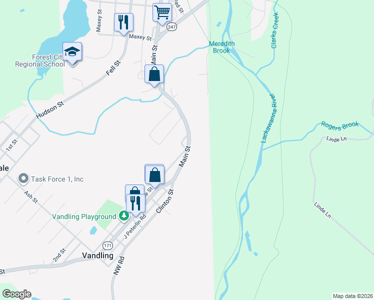 map of restaurants, bars, coffee shops, grocery stores, and more near 681 Main Street in Vandling