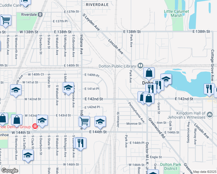 map of restaurants, bars, coffee shops, grocery stores, and more near 14133 Calumet Avenue in Dolton