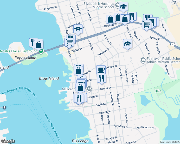 map of restaurants, bars, coffee shops, grocery stores, and more near 57 Walnut Street in Fairhaven