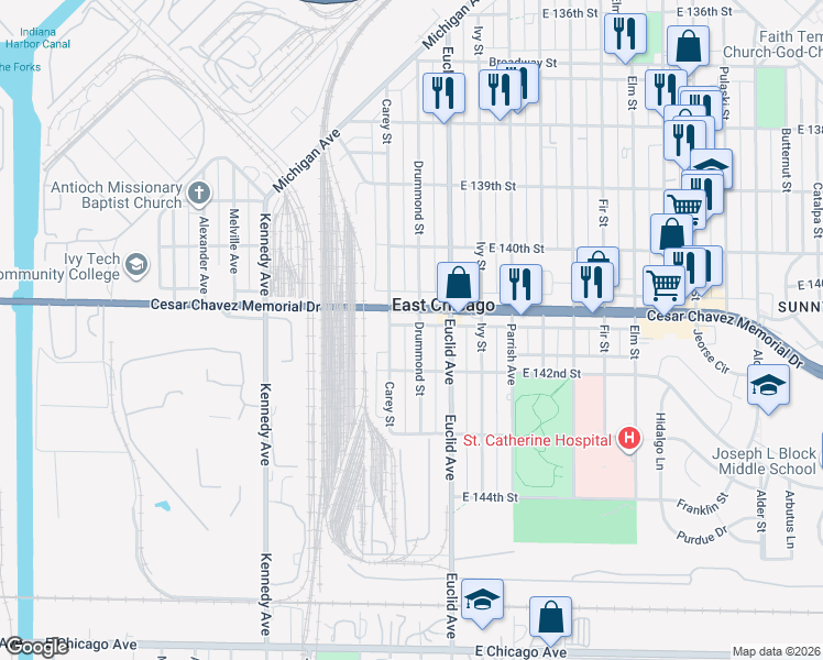 map of restaurants, bars, coffee shops, grocery stores, and more near 4112 Drummond Street in East Chicago