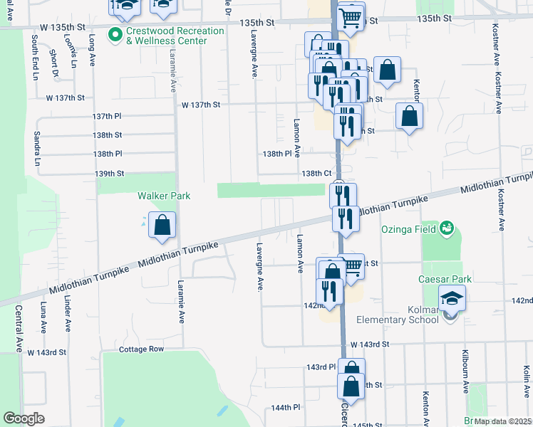 map of restaurants, bars, coffee shops, grocery stores, and more near 13959 Leonard Drive in Crestwood
