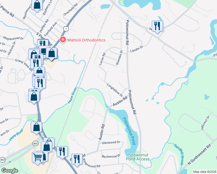 map of restaurants, bars, coffee shops, grocery stores, and more near 76 Longfellow Drive in East Greenwich