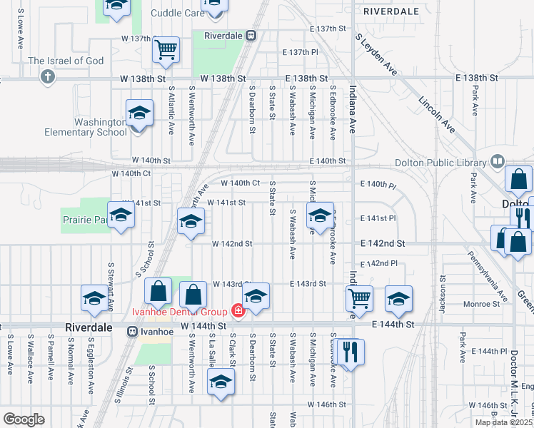 map of restaurants, bars, coffee shops, grocery stores, and more near 14108 South State Street in Riverdale