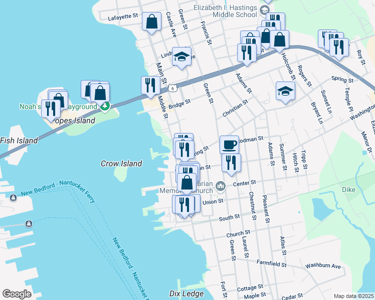 map of restaurants, bars, coffee shops, grocery stores, and more near 6 Spring Street in Fairhaven