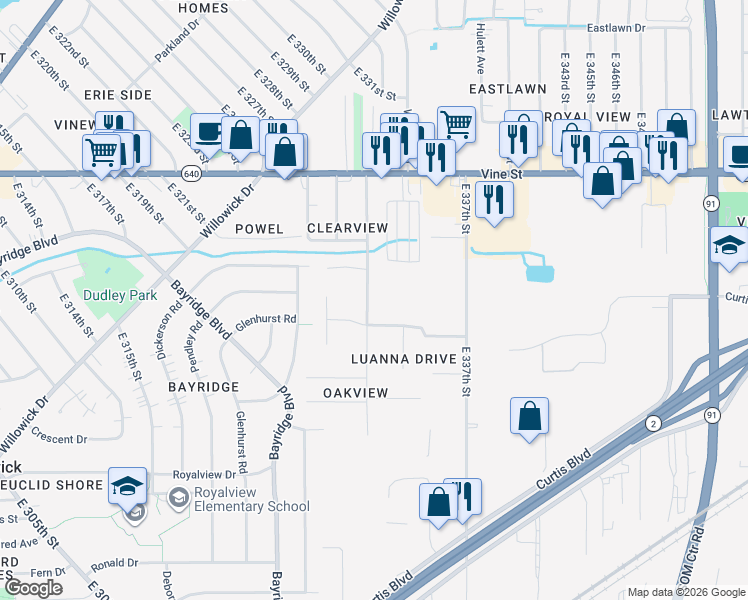 map of restaurants, bars, coffee shops, grocery stores, and more near 1551 East 332nd Street in Eastlake