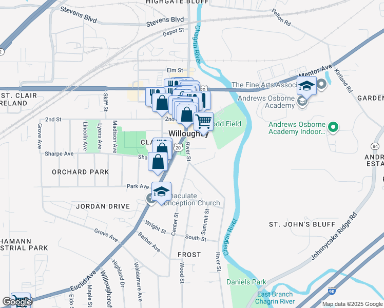 map of restaurants, bars, coffee shops, grocery stores, and more near 4221 River Street in Willoughby