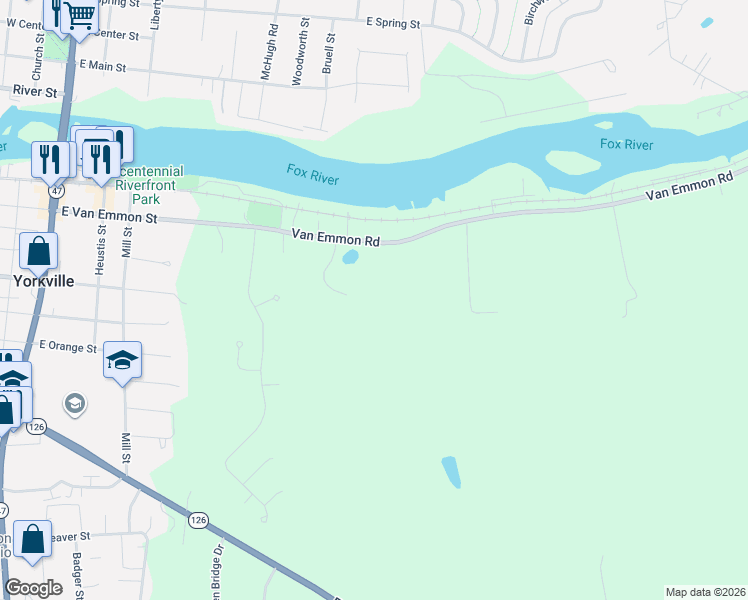 map of restaurants, bars, coffee shops, grocery stores, and more near 54 Woodland Drive in Yorkville