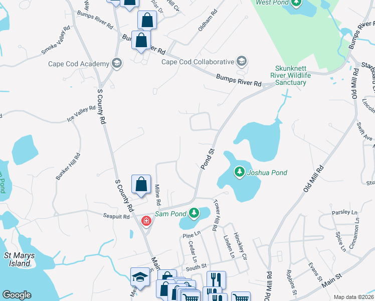 map of restaurants, bars, coffee shops, grocery stores, and more near 116 Waterfield Road in Barnstable