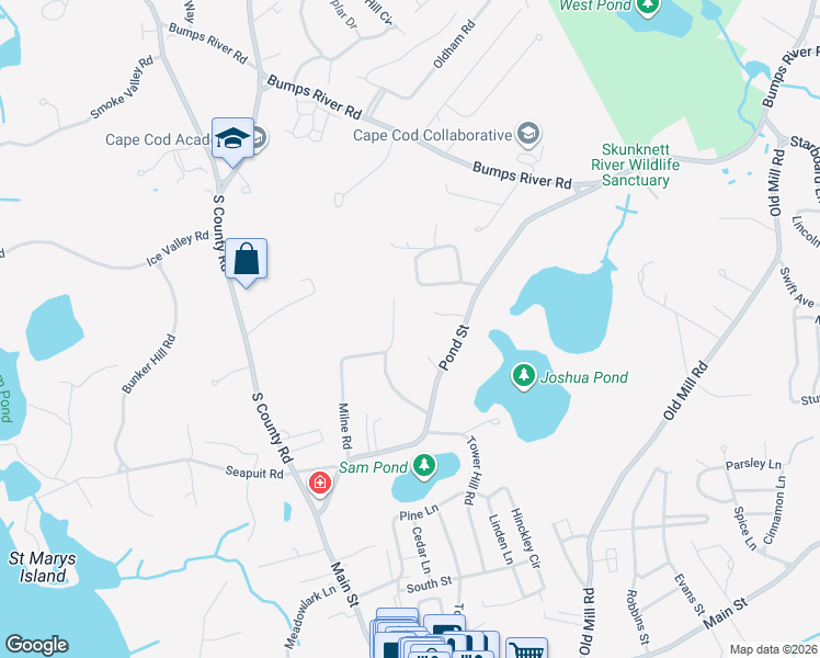map of restaurants, bars, coffee shops, grocery stores, and more near 116 Waterfield Road in Barnstable
