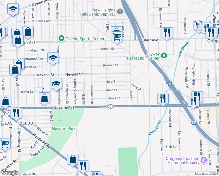 map of restaurants, bars, coffee shops, grocery stores, and more near 2003 Idaho Street in Toledo