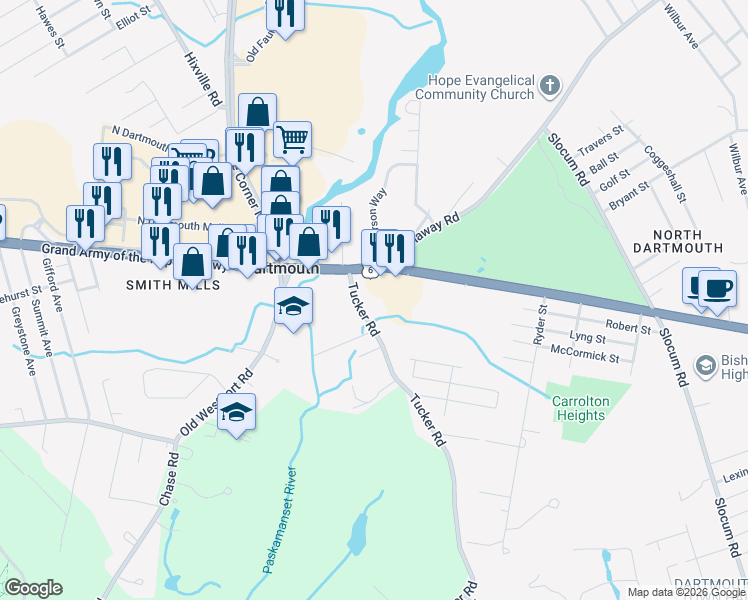 map of restaurants, bars, coffee shops, grocery stores, and more near 1393 Tucker Road in Dartmouth