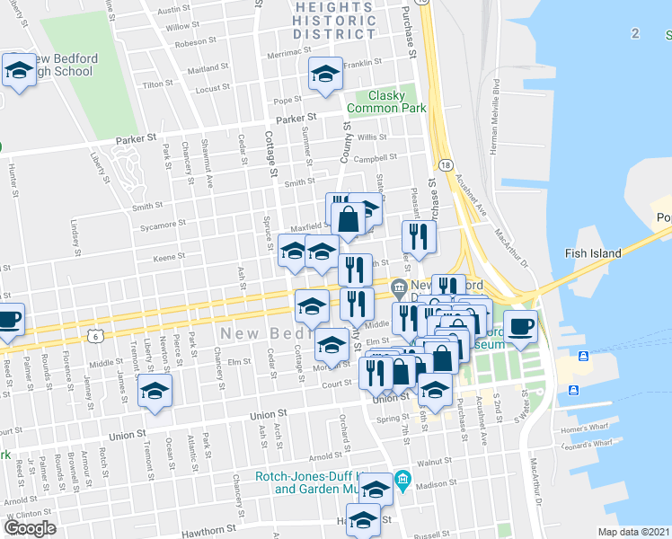 map of restaurants, bars, coffee shops, grocery stores, and more near 123 North Street in New Bedford