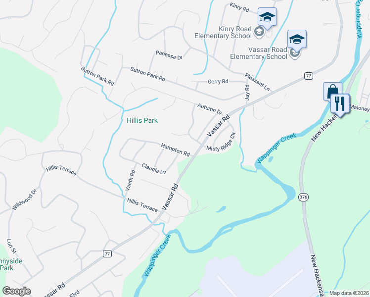 map of restaurants, bars, coffee shops, grocery stores, and more near 12 Hampton Road in Poughkeepsie