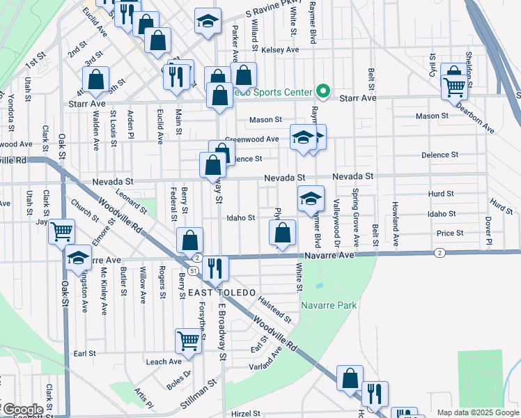 map of restaurants, bars, coffee shops, grocery stores, and more near 646 Plymouth Street in Toledo