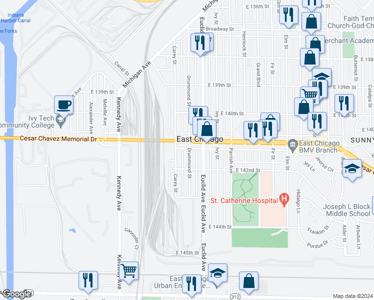 map of restaurants, bars, coffee shops, grocery stores, and more near 4112 Drummond Street in East Chicago