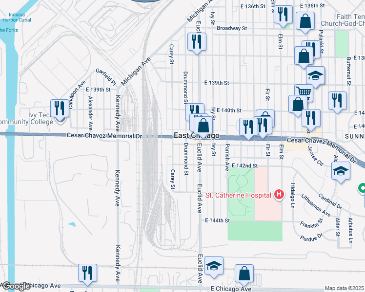map of restaurants, bars, coffee shops, grocery stores, and more near 4112 Drummond Street in East Chicago