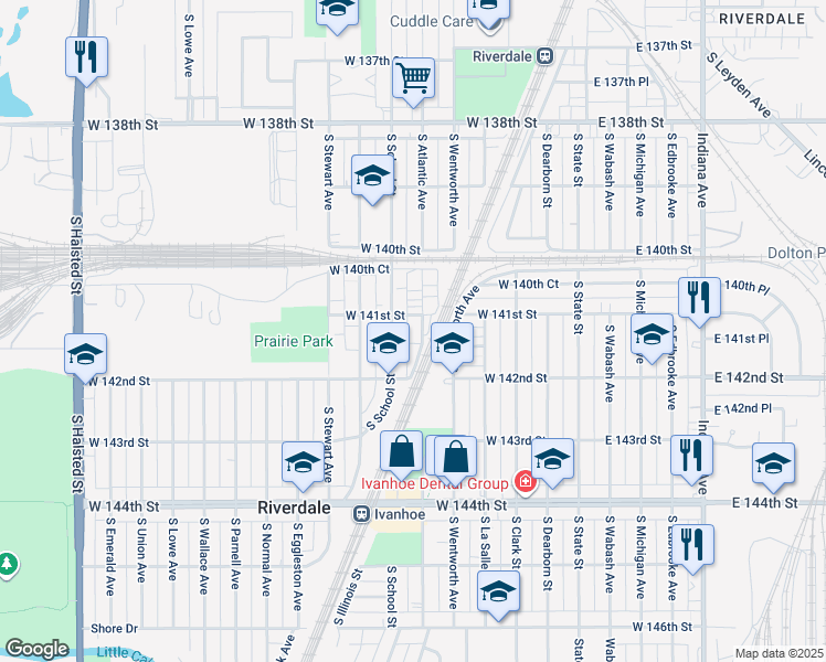 map of restaurants, bars, coffee shops, grocery stores, and more near 14110 South Highlawn Avenue in Riverdale