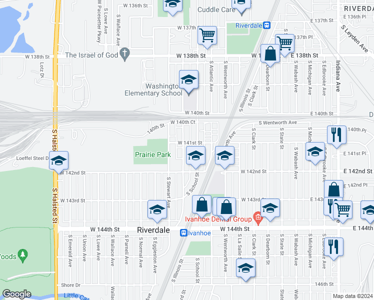 map of restaurants, bars, coffee shops, grocery stores, and more near 14113 South Tracy Avenue in Riverdale