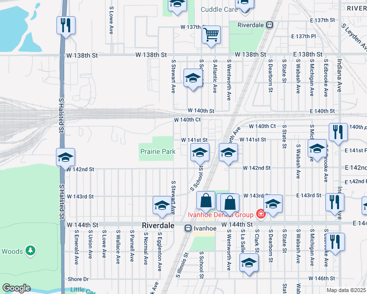 map of restaurants, bars, coffee shops, grocery stores, and more near 14113 South Stewart Avenue in Riverdale