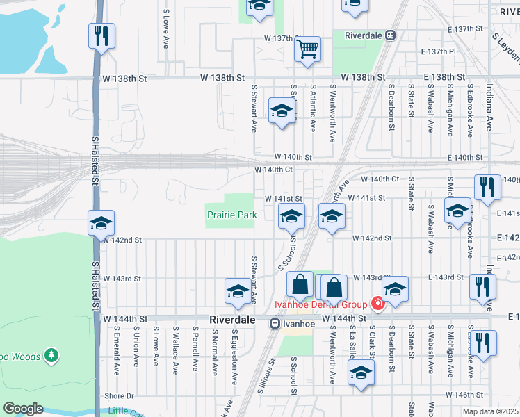 map of restaurants, bars, coffee shops, grocery stores, and more near 14113 South Stewart Avenue in Riverdale