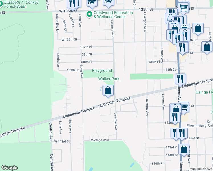 map of restaurants, bars, coffee shops, grocery stores, and more near 5233 James Lane in Crestwood