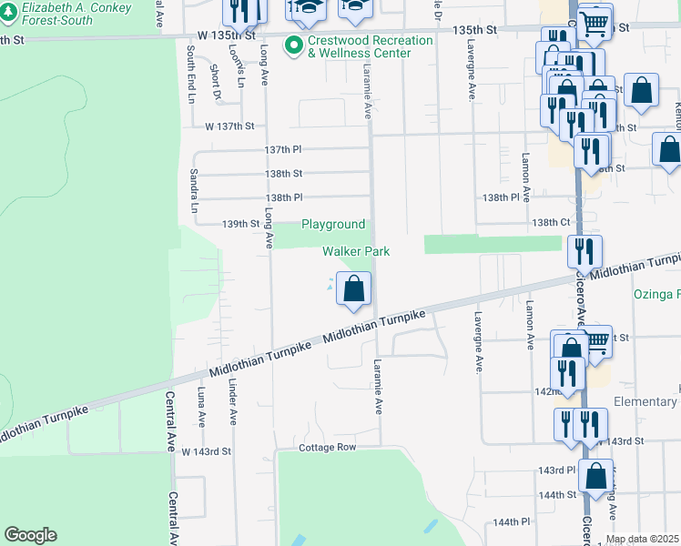 map of restaurants, bars, coffee shops, grocery stores, and more near 5233 James Lane in Crestwood