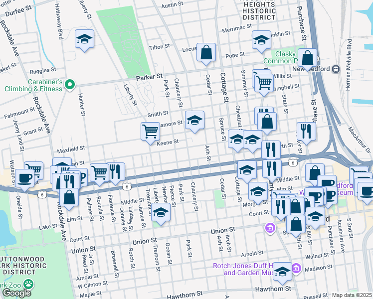 map of restaurants, bars, coffee shops, grocery stores, and more near 220 Hillman Street in New Bedford