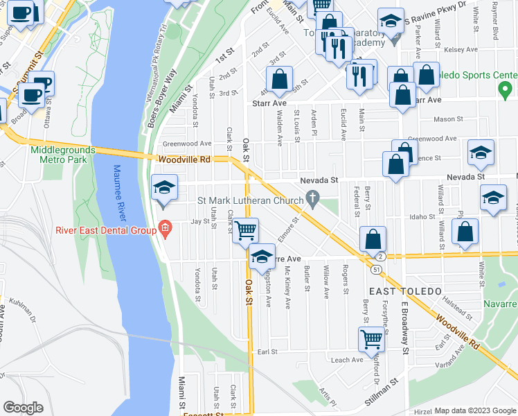 map of restaurants, bars, coffee shops, grocery stores, and more near 532 Church Street in Toledo