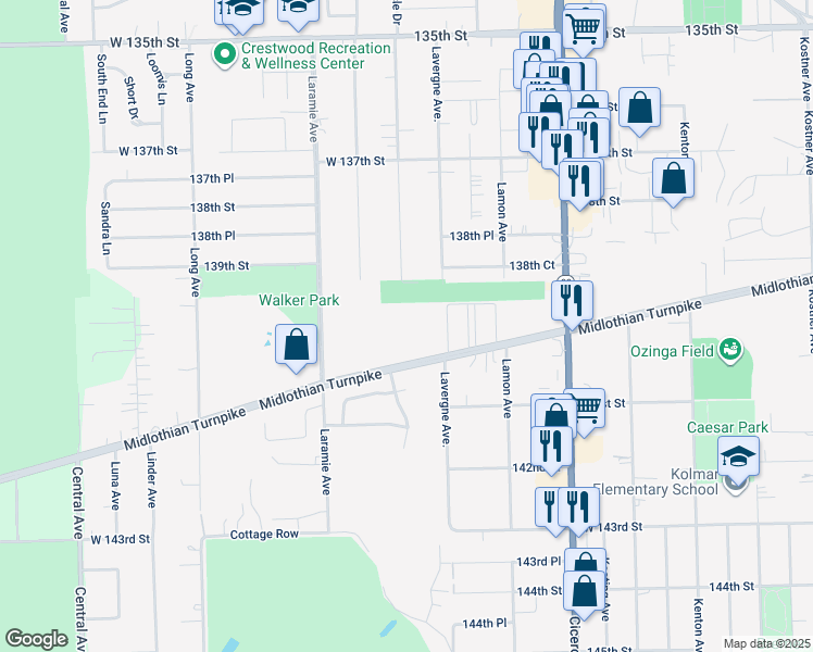 map of restaurants, bars, coffee shops, grocery stores, and more near 13935 Le Claire Avenue in Crestwood