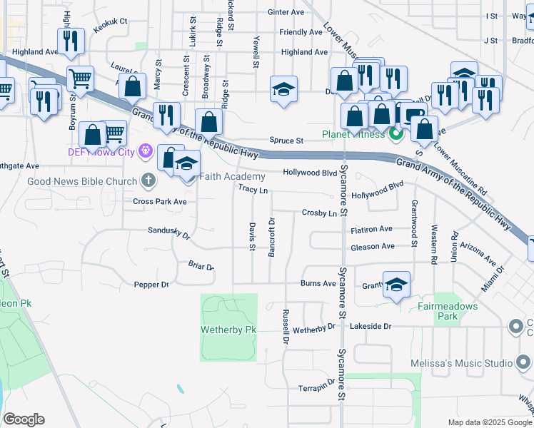 map of restaurants, bars, coffee shops, grocery stores, and more near 2103 Bancroft Drive in Iowa City