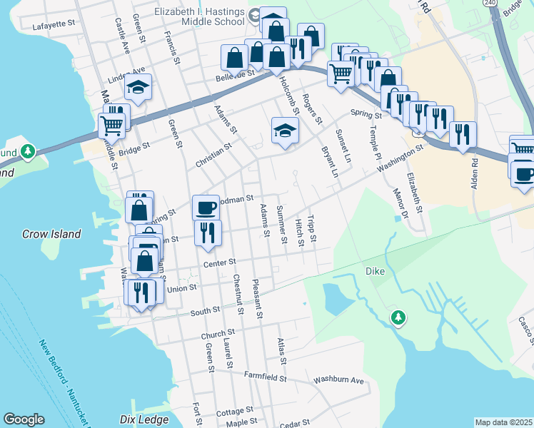 map of restaurants, bars, coffee shops, grocery stores, and more near 39 Adams Street in Fairhaven