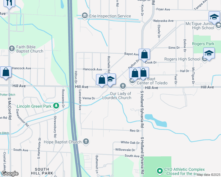 map of restaurants, bars, coffee shops, grocery stores, and more near 6145 Hill Avenue in Toledo