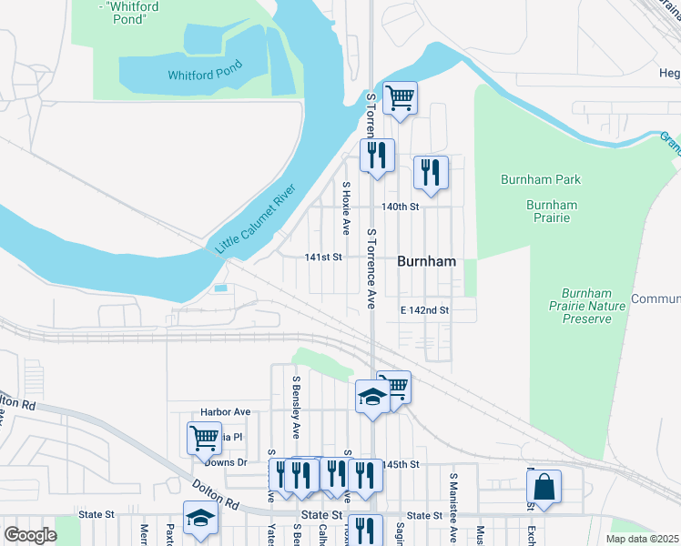 map of restaurants, bars, coffee shops, grocery stores, and more near 14116 South Hoxie Avenue in Burnham