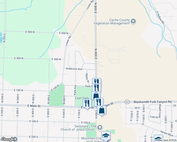 map of restaurants, bars, coffee shops, grocery stores, and more near 280 Apple Drive in Hyrum