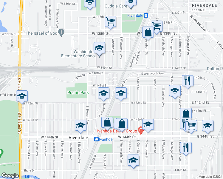 map of restaurants, bars, coffee shops, grocery stores, and more near 14110 South Highlawn Avenue in Riverdale