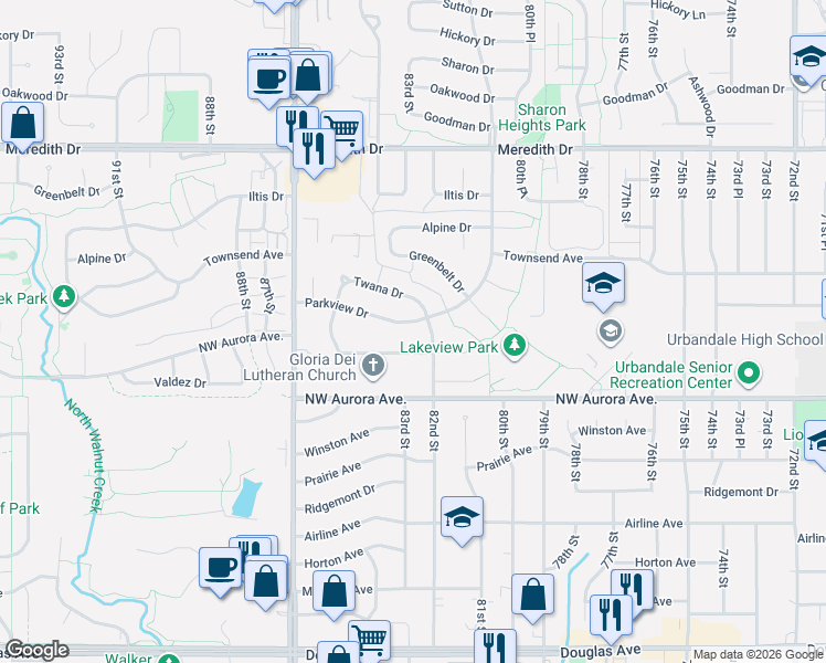 map of restaurants, bars, coffee shops, grocery stores, and more near 8208 Parkview Drive in Urbandale
