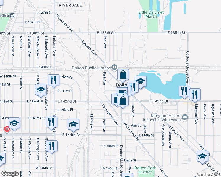 map of restaurants, bars, coffee shops, grocery stores, and more near 516 Washington Street in Dolton