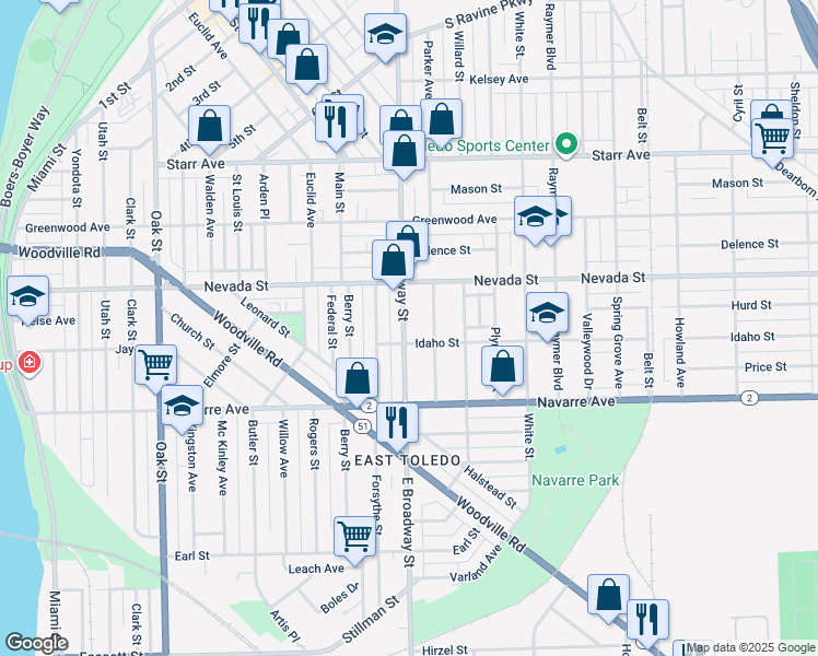 map of restaurants, bars, coffee shops, grocery stores, and more near 647 East Broadway Street in Toledo