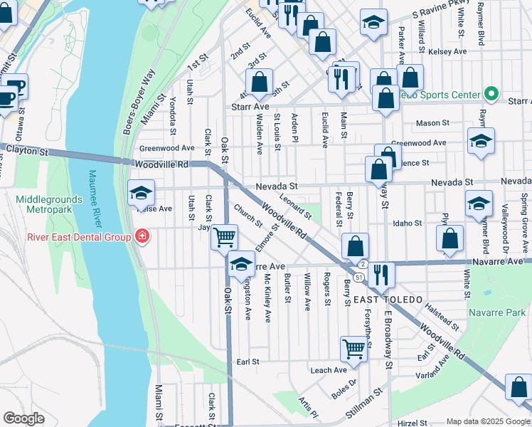 map of restaurants, bars, coffee shops, grocery stores, and more near 568 Woodville Road in Toledo